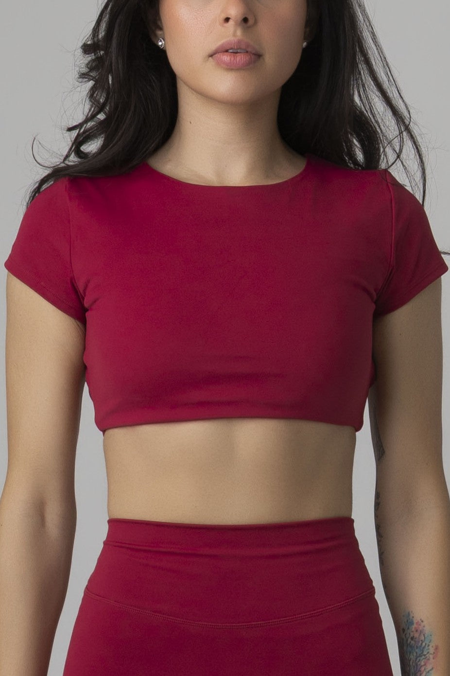 SoftForm™ Mid Short Sleeve Crop Top with Built in Bra with White Logo