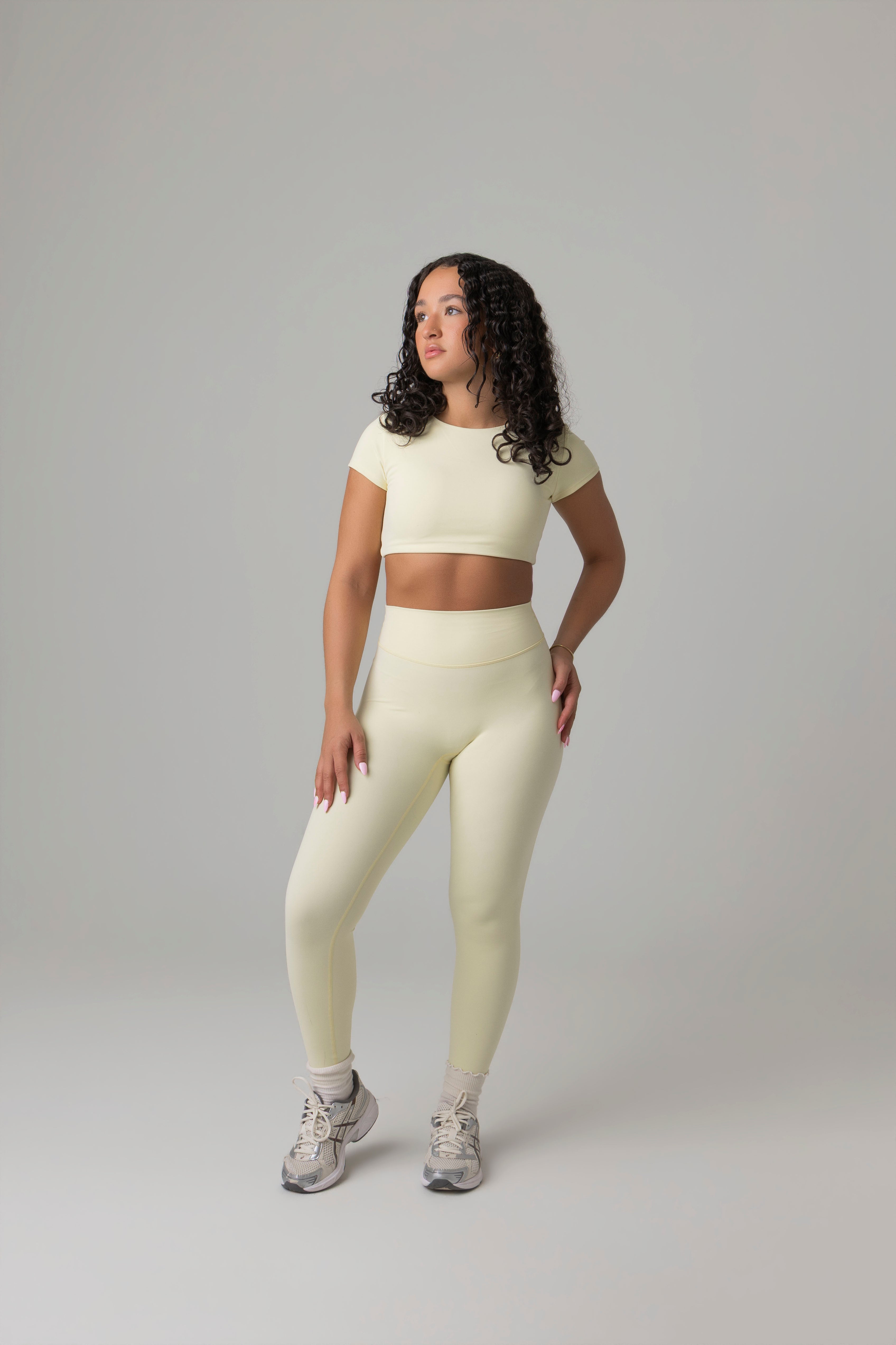 SoftForm™ Mid Short Sleeve Crop Top with Built in Bra with White Logo