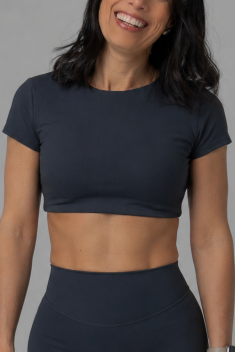 SoftForm™ Mid Short Sleeve Crop Top with Built in Bra with White Logo