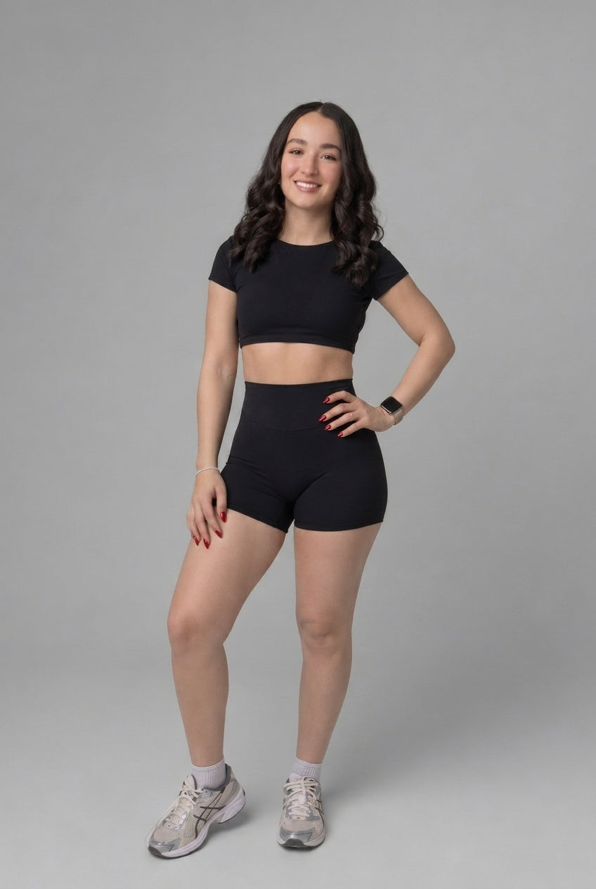 SoftForm™ Mid Short Sleeve Crop Top with Built in Bra with White Logo