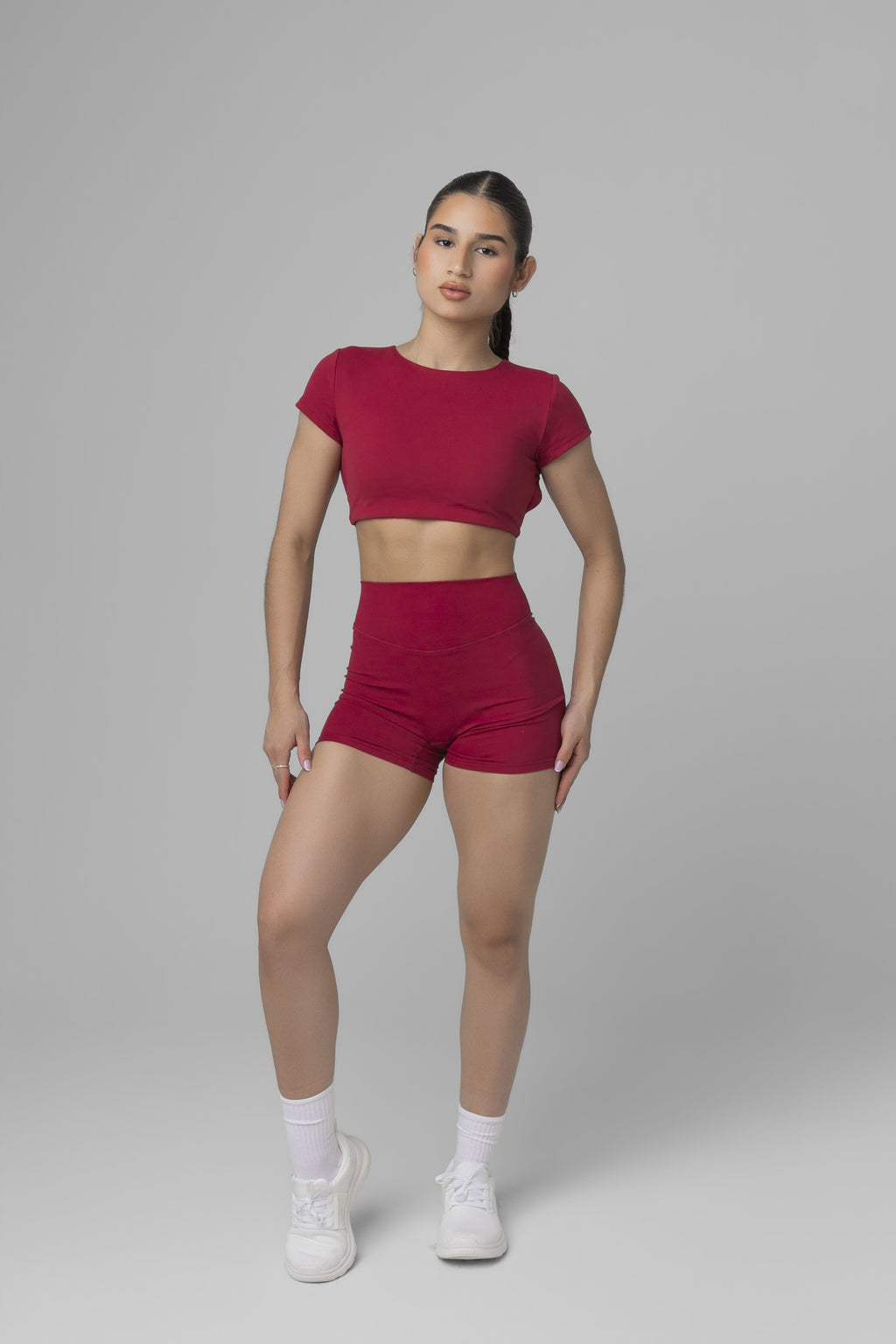 SoftForm™ Mid Short Sleeve Crop Top with Built in Bra with White Logo