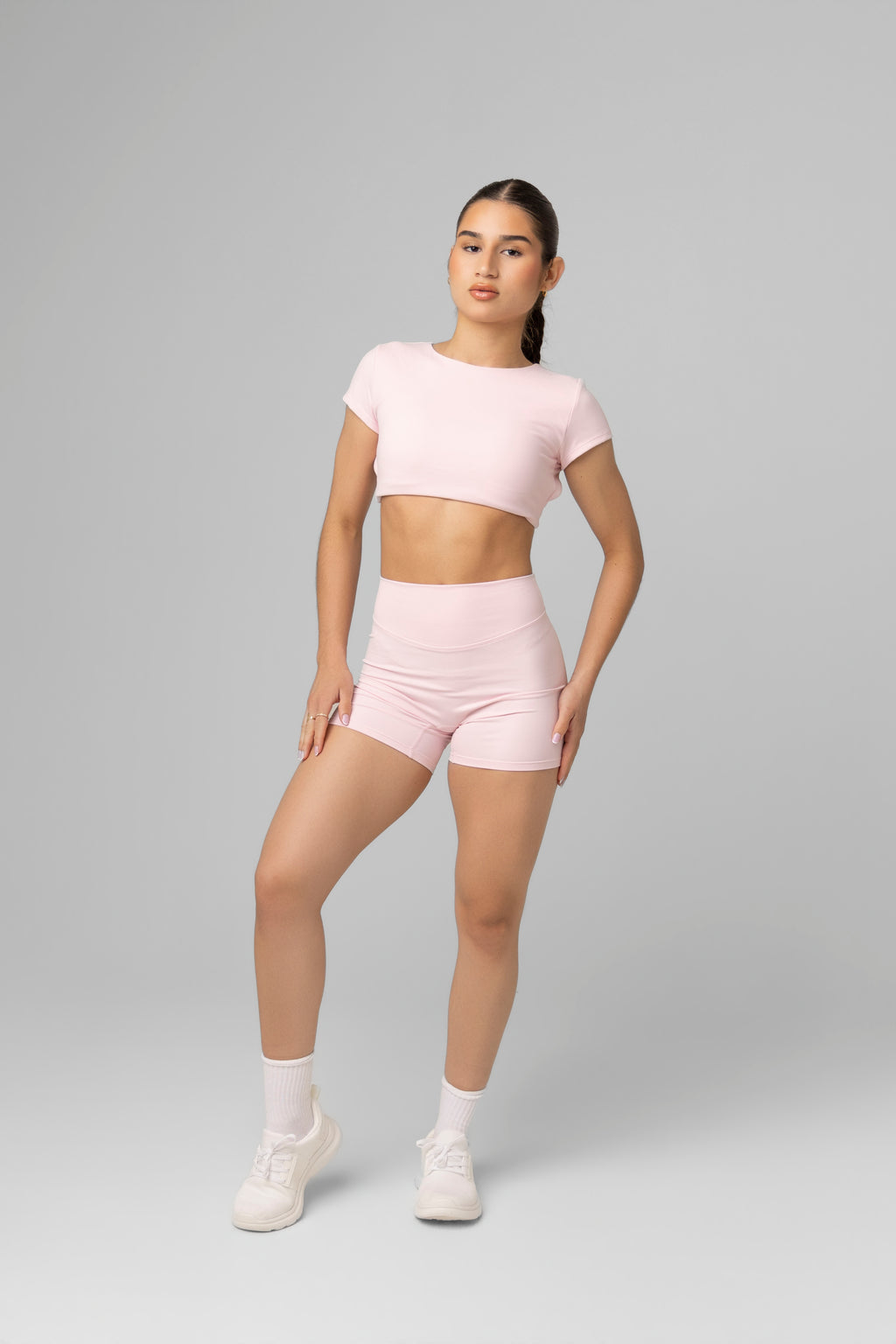 SoftForm™ Mid Short Sleeve Crop Top with Built in Bra with White Logo