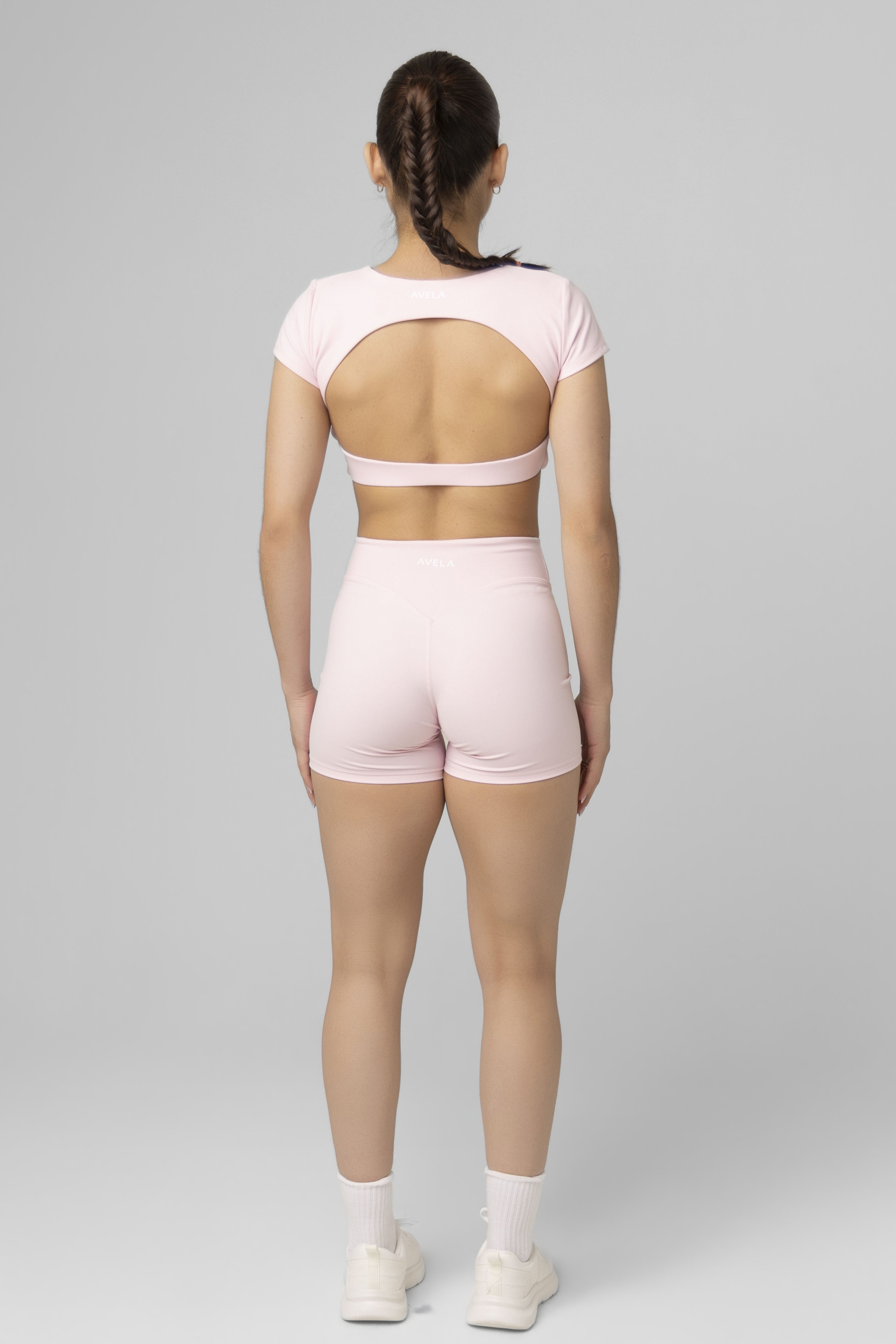 SoftForm™ Mid Short Sleeve Crop Top with Built in Bra with White Logo
