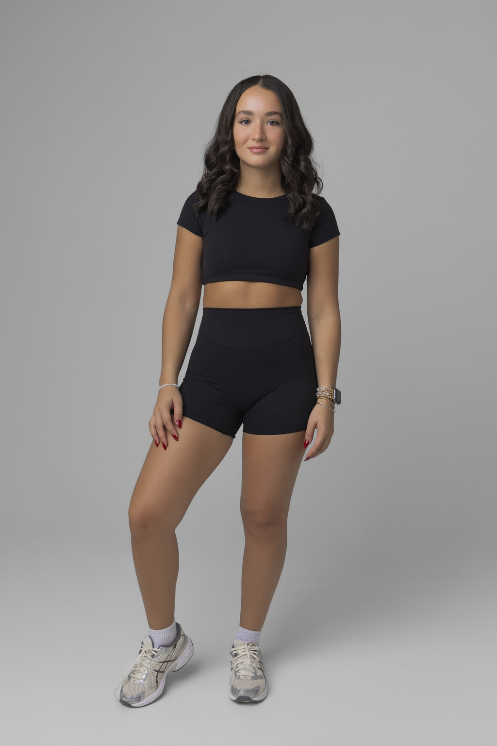 SoftForm™ Mid Short Sleeve Crop Top with Built in Bra with White Logo