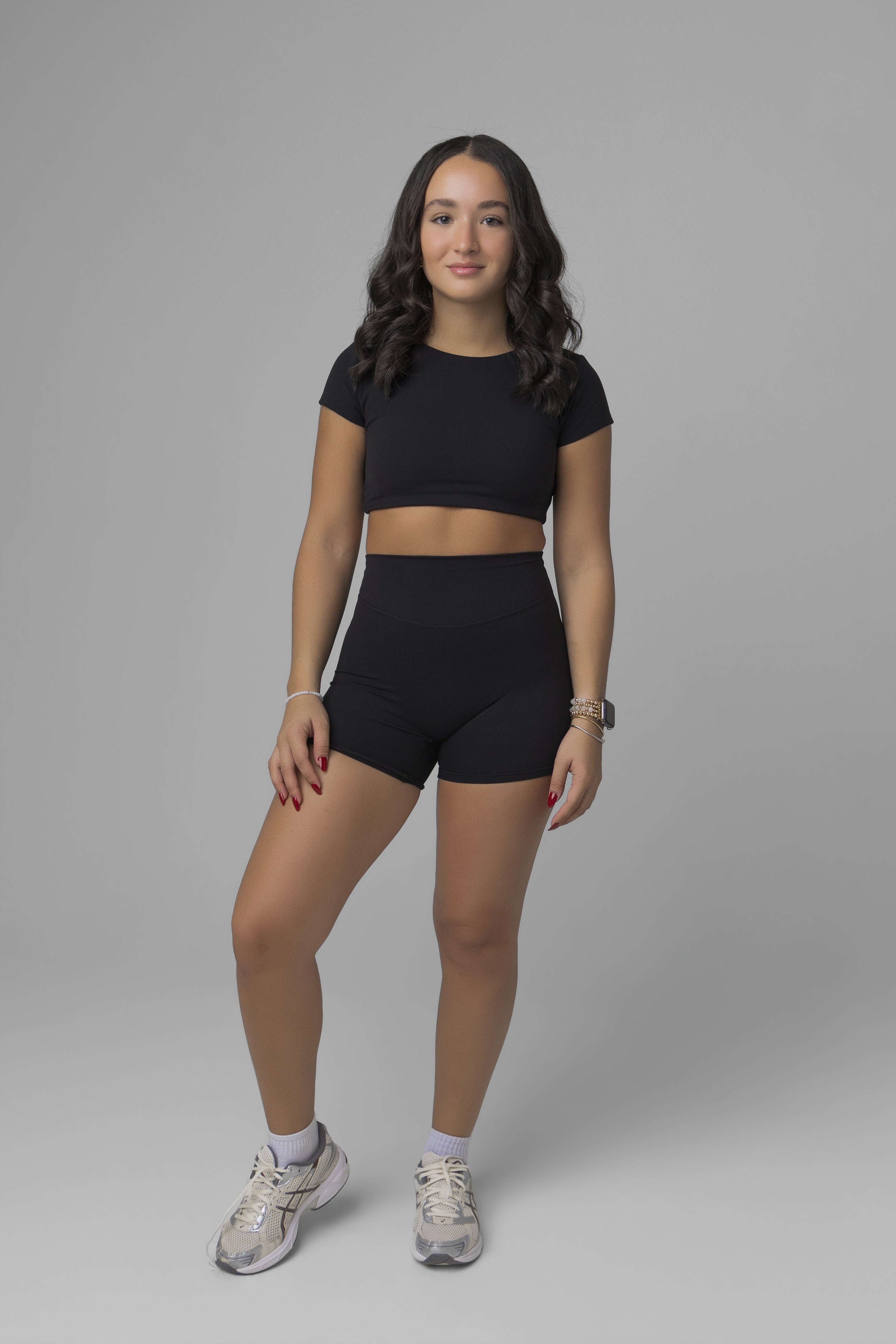 SoftForm™ Mid Short Sleeve Crop Top with Built in Bra with White Logo