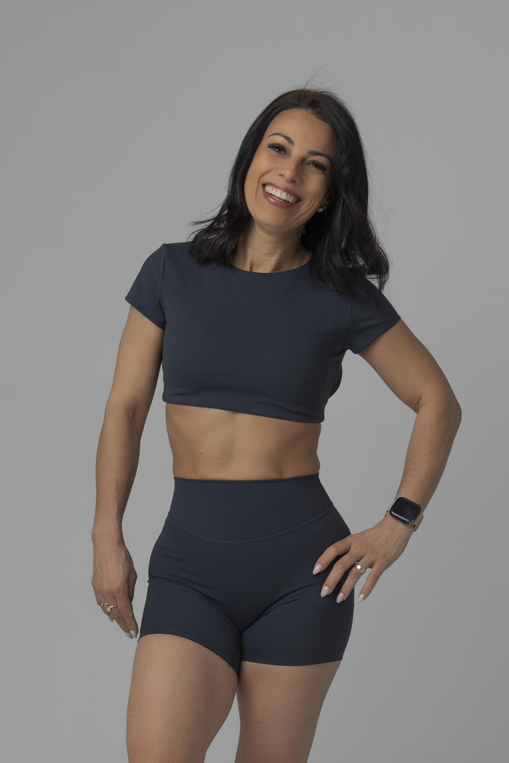 SoftForm™ Mid Short Sleeve Crop Top with Built in Bra with White Logo