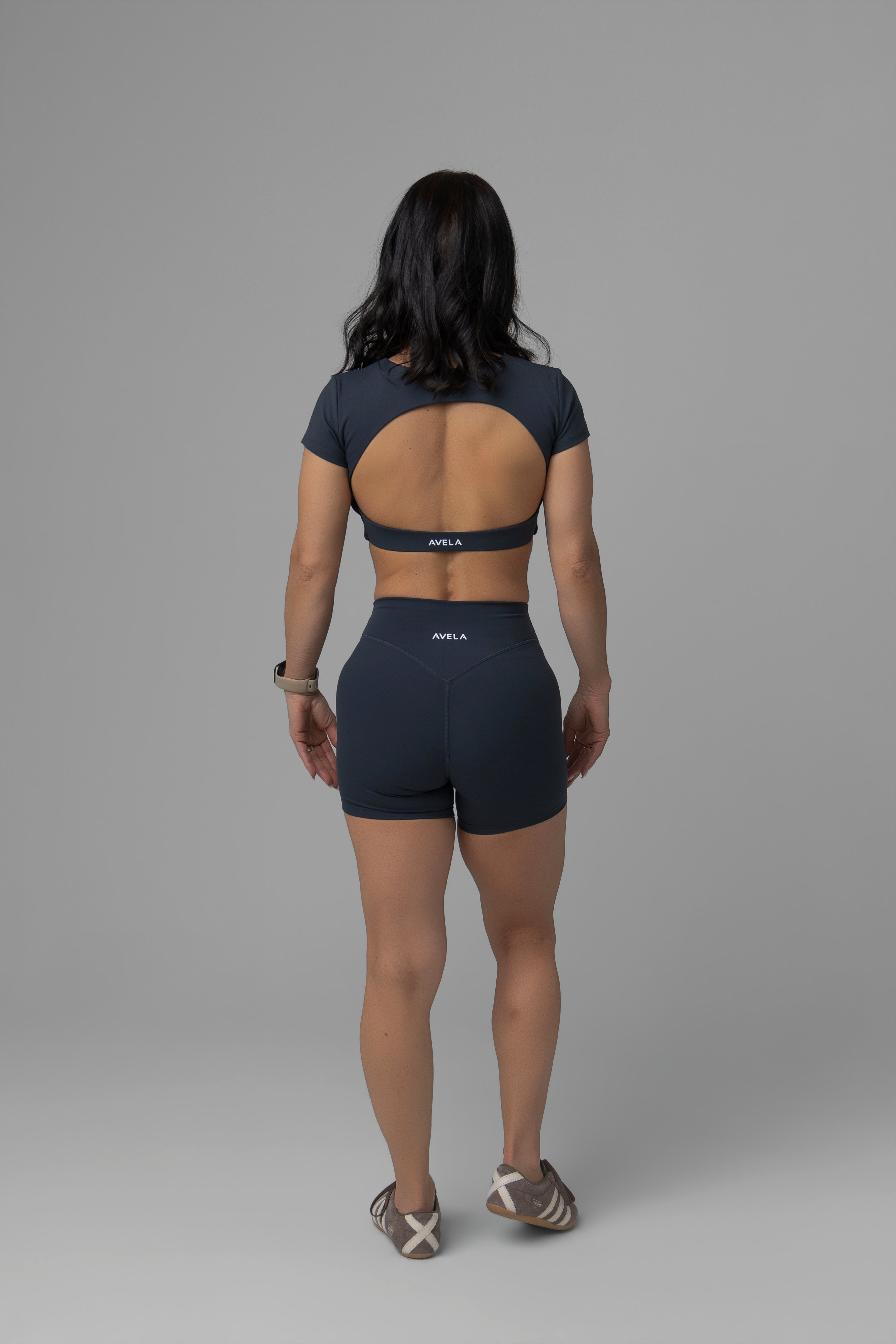 SoftForm™ Mid Short Sleeve Crop Top with Built in Bra with White Logo