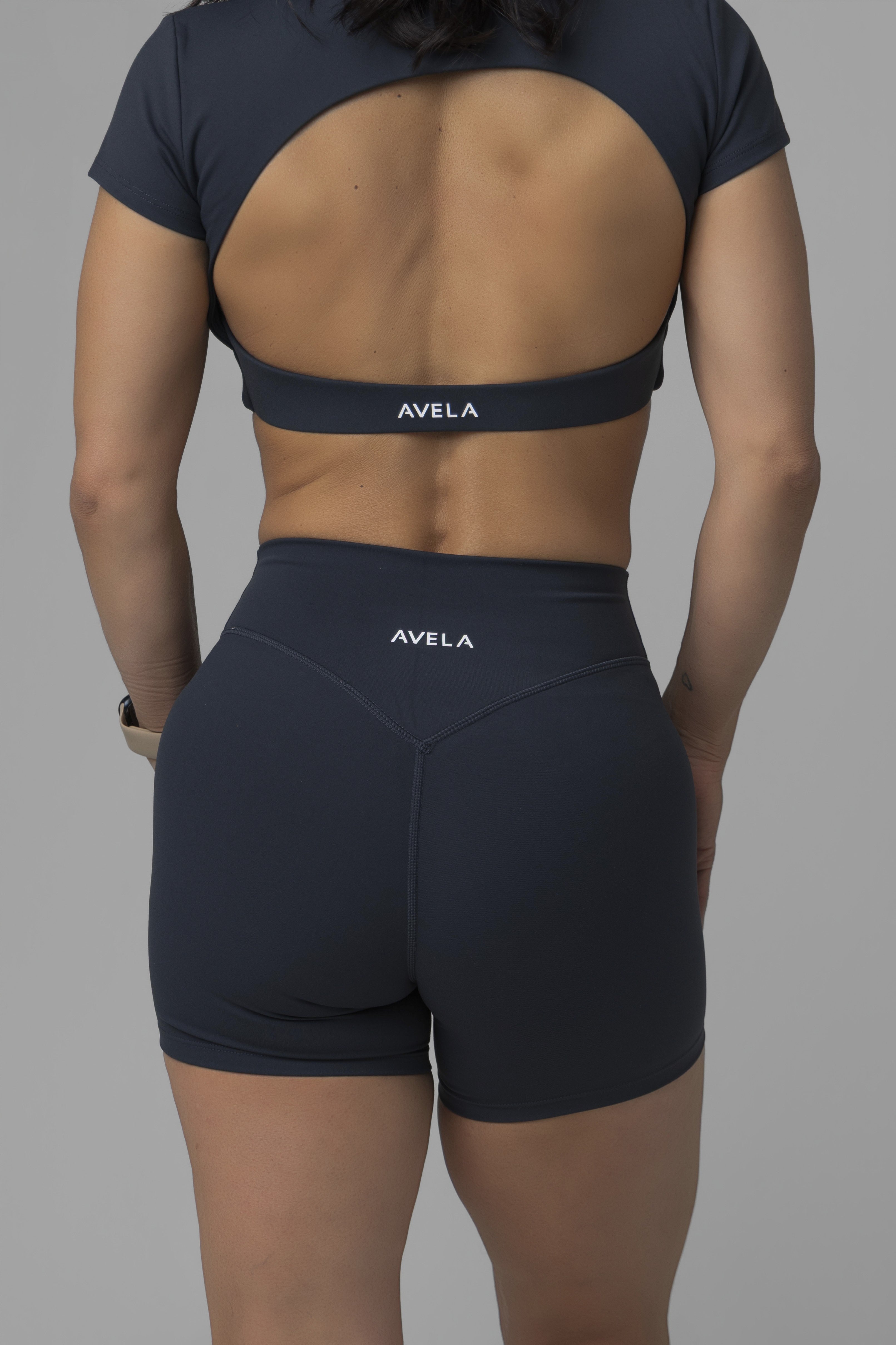 SoftForm™ Mid Short Sleeve Crop Top with Built in Bra with White Logo