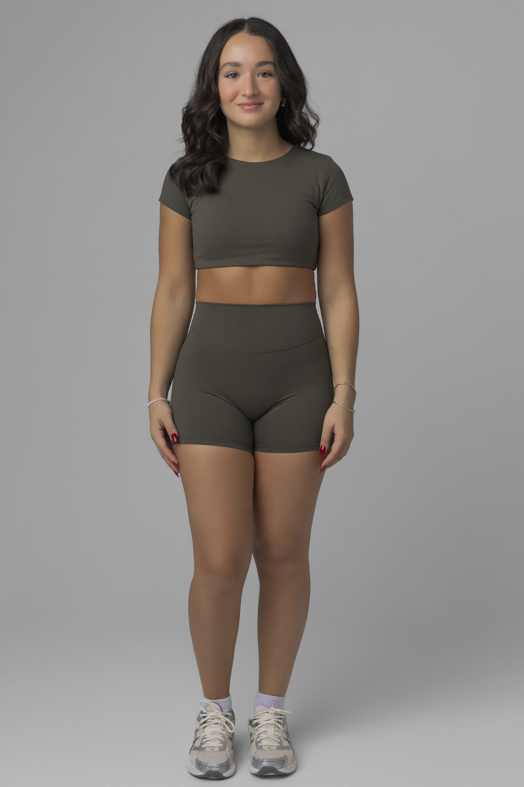SoftForm™ Mid Short Sleeve Crop Top with Built in Bra with White Logo