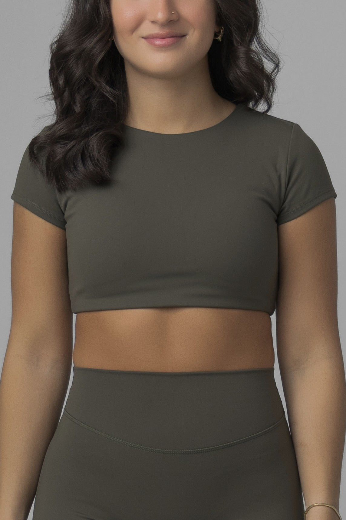 SoftForm™ Mid Short Sleeve Crop Top with Built in Bra with White Logo